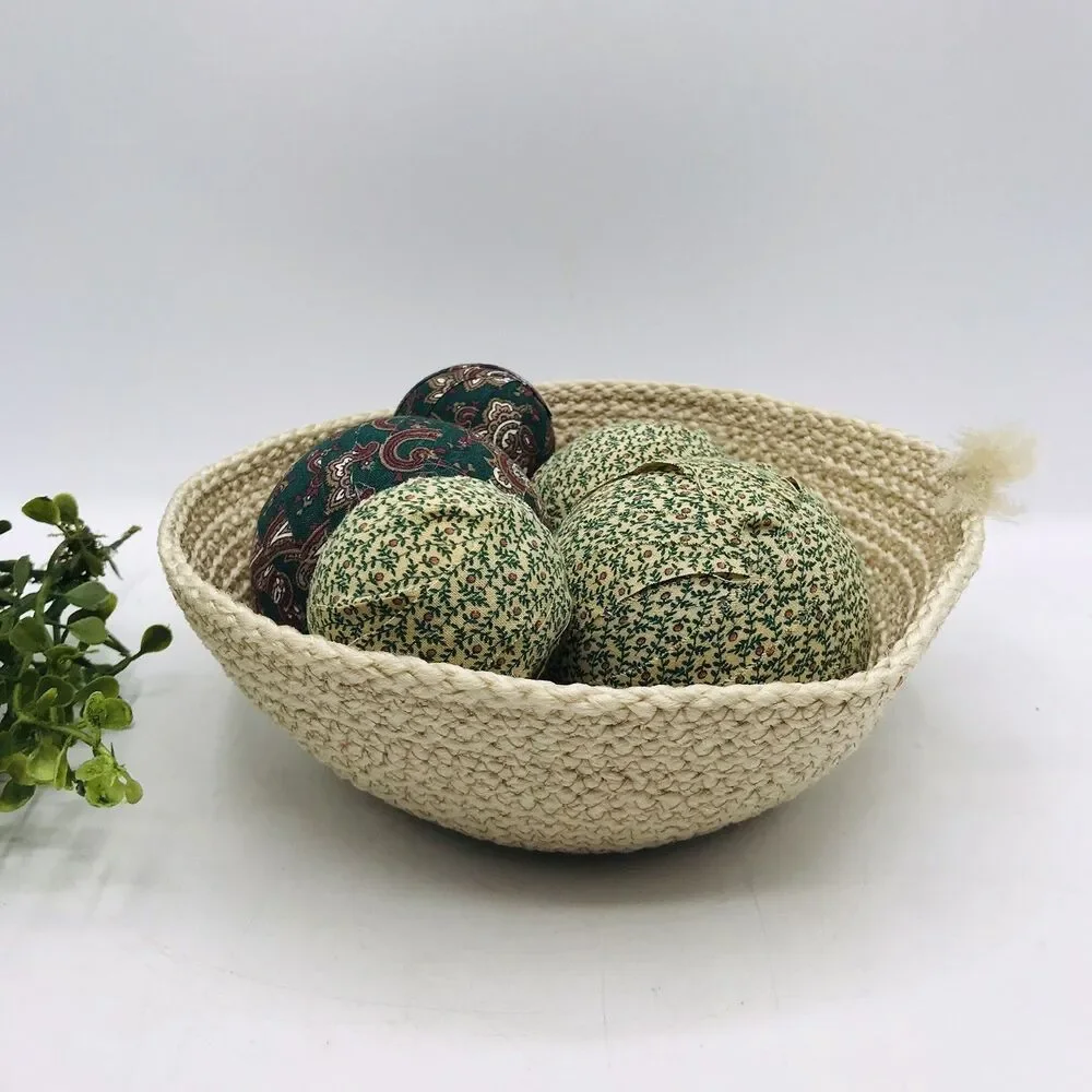 Rope Basket Beige Cream with 5 Vintage Style Balls in Green Handmade 7x7x2.5